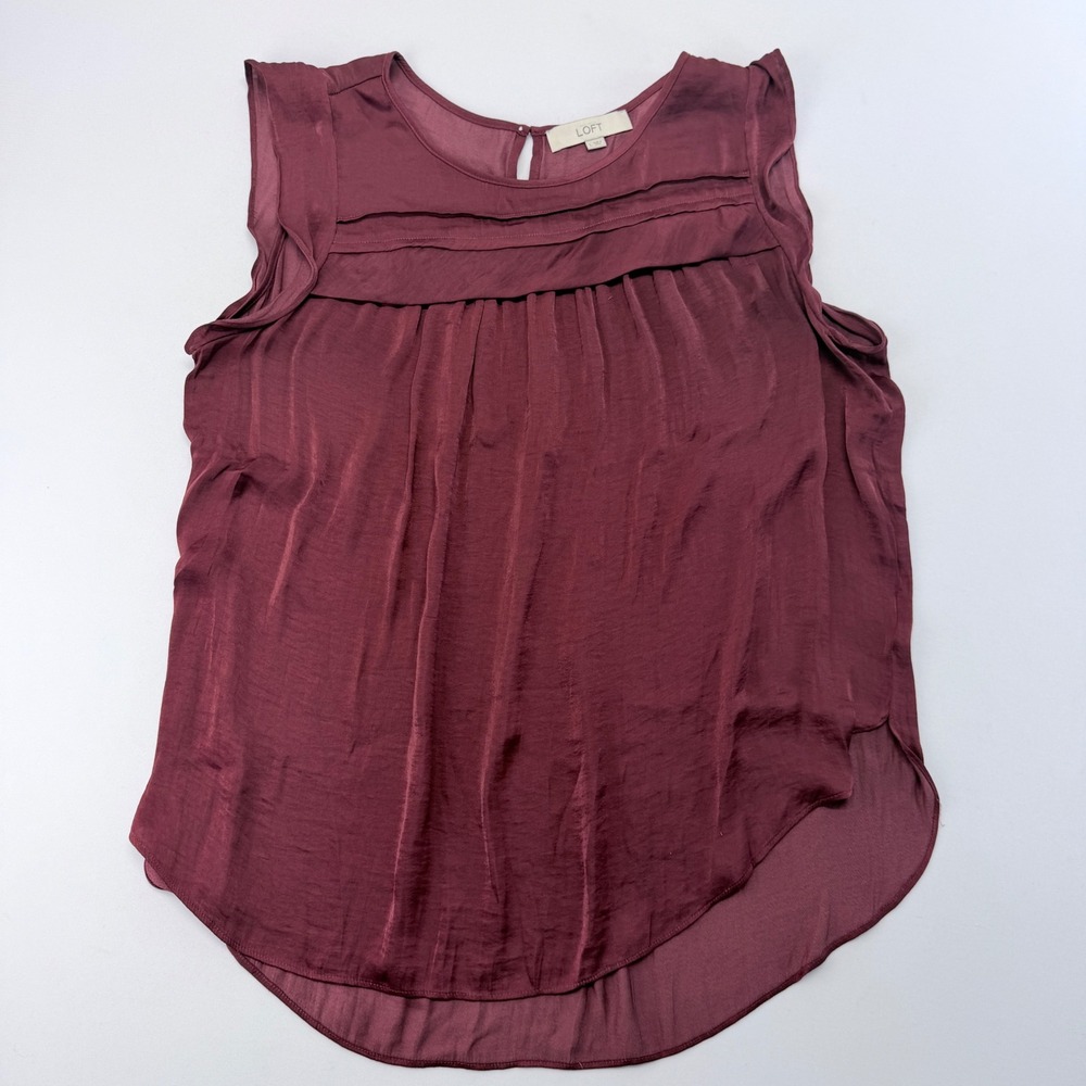 LOFT Burgundy Flutter Sleeve Pleated Yoke Satin Blouse Large Wine Red Top